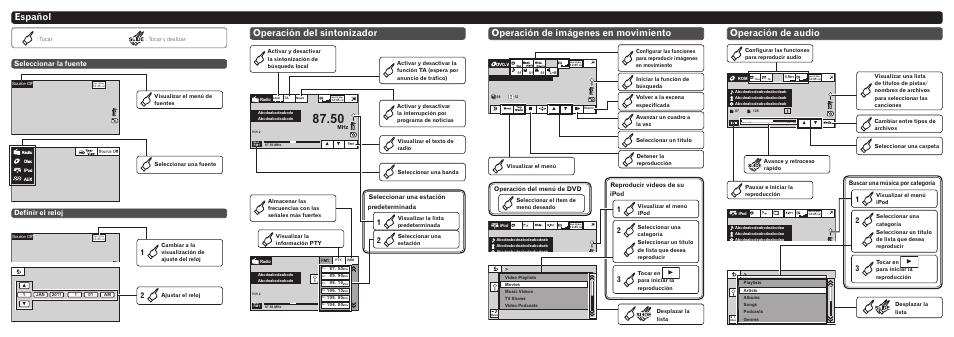 Español, Operación del sintonizador, Seleccionar la fuente definir el reloj | Seleccionar una estación predeterminada, Operación del menú de dvd | Pioneer AVH-2300DVD User Manual | Page 7 / 8