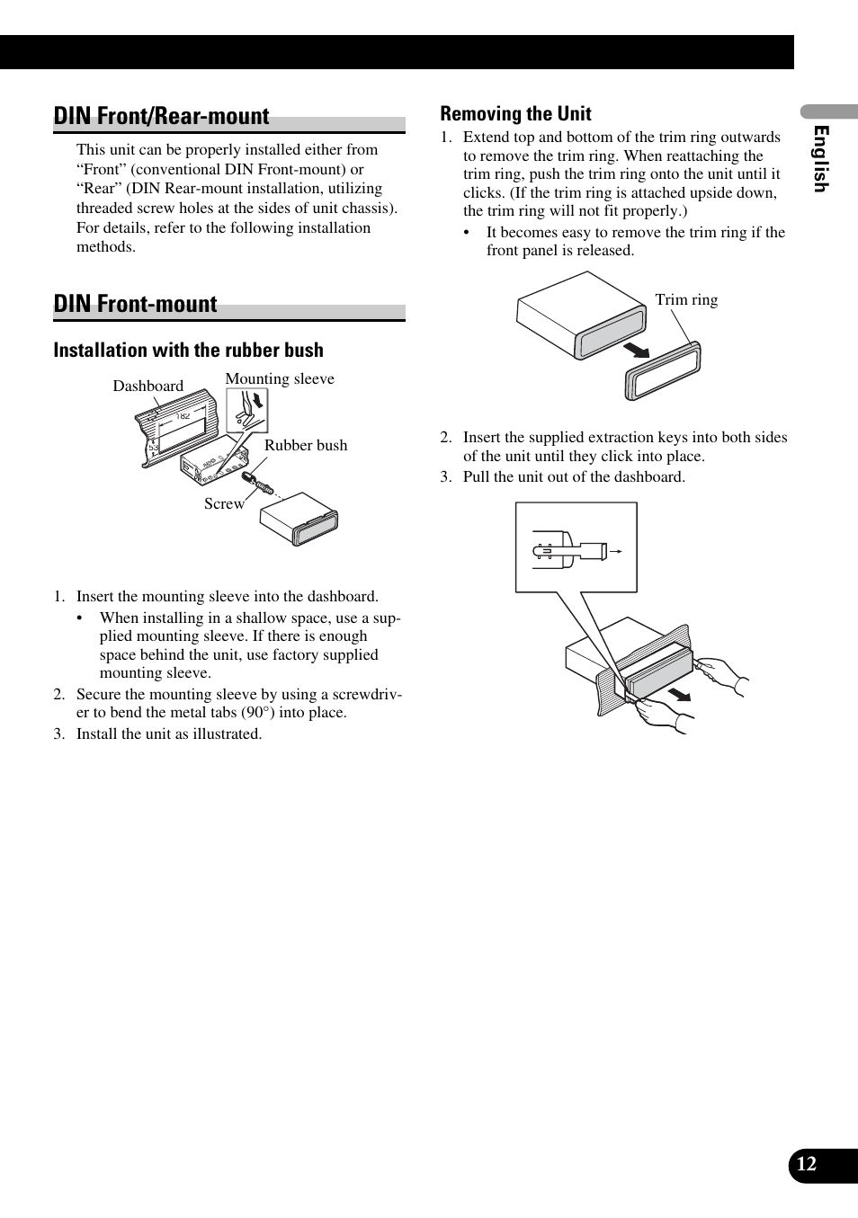 Din front/rear-mount din front-mount, Din front/rear-mount, Din front-mount | Installation with the rubber bush, Removing the unit | Pioneer DVH-P5900MP User Manual | Page 13 / 85