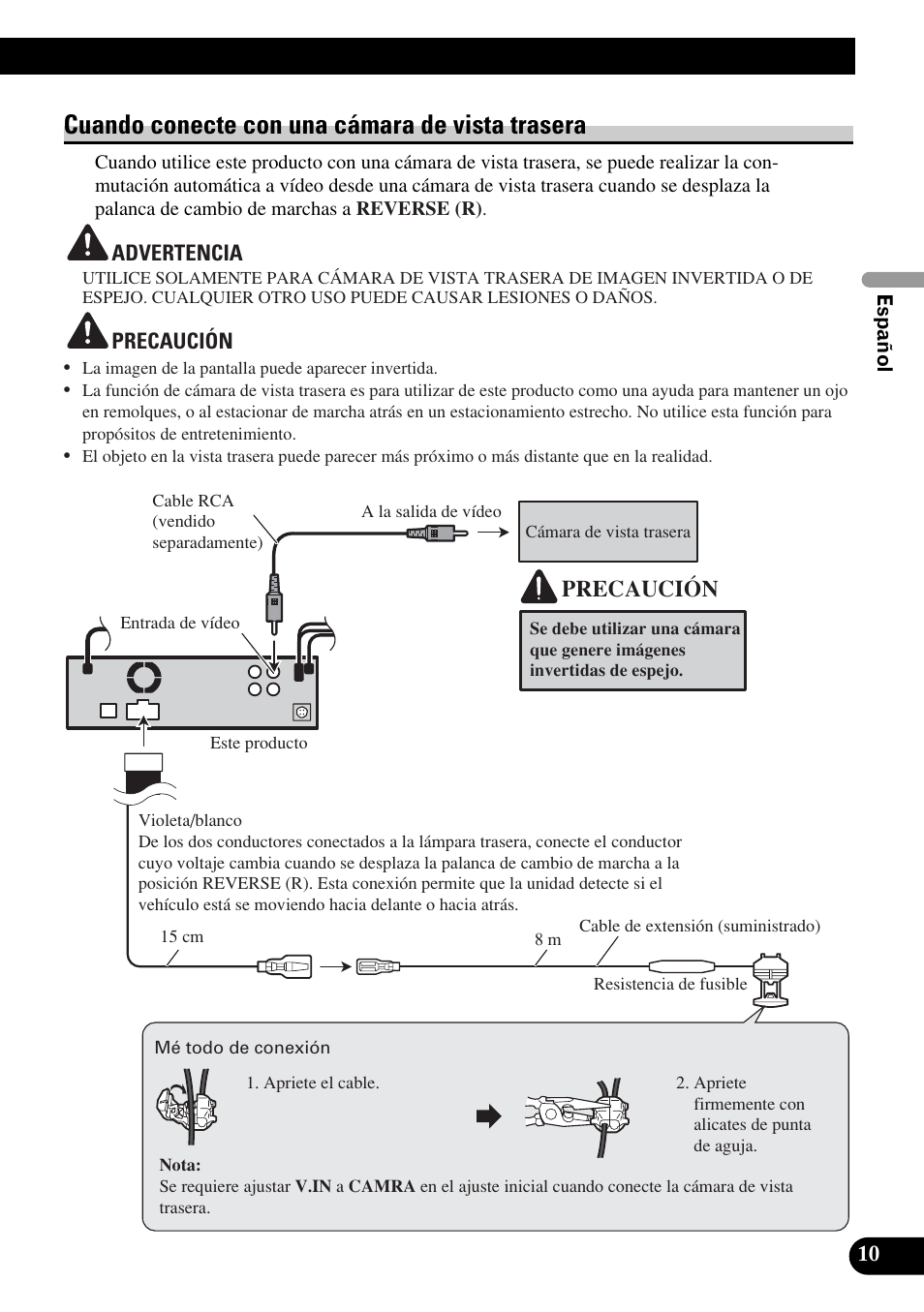 Cuando conecte con una cámara de, Vista trasera, Cuando conecte con una cámara de vista trasera | Precaución | Pioneer DVH-P5900MP User Manual | Page 25 / 85