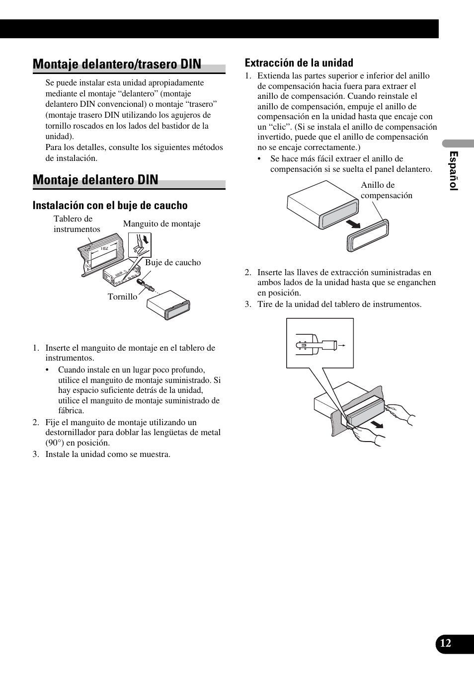 Montaje delantero/trasero din, Montaje delantero din, Instalación con el buje de caucho | Extracción de la unidad | Pioneer DVH-P5900MP User Manual | Page 27 / 85