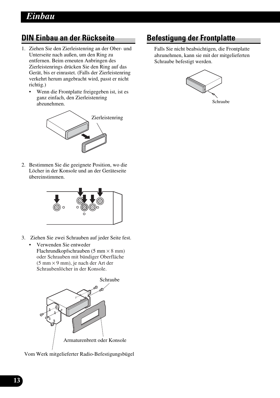 Einbau, Din einbau an der rückseite, Befestigung der frontplatte | Pioneer DVH-P5900MP User Manual | Page 42 / 85