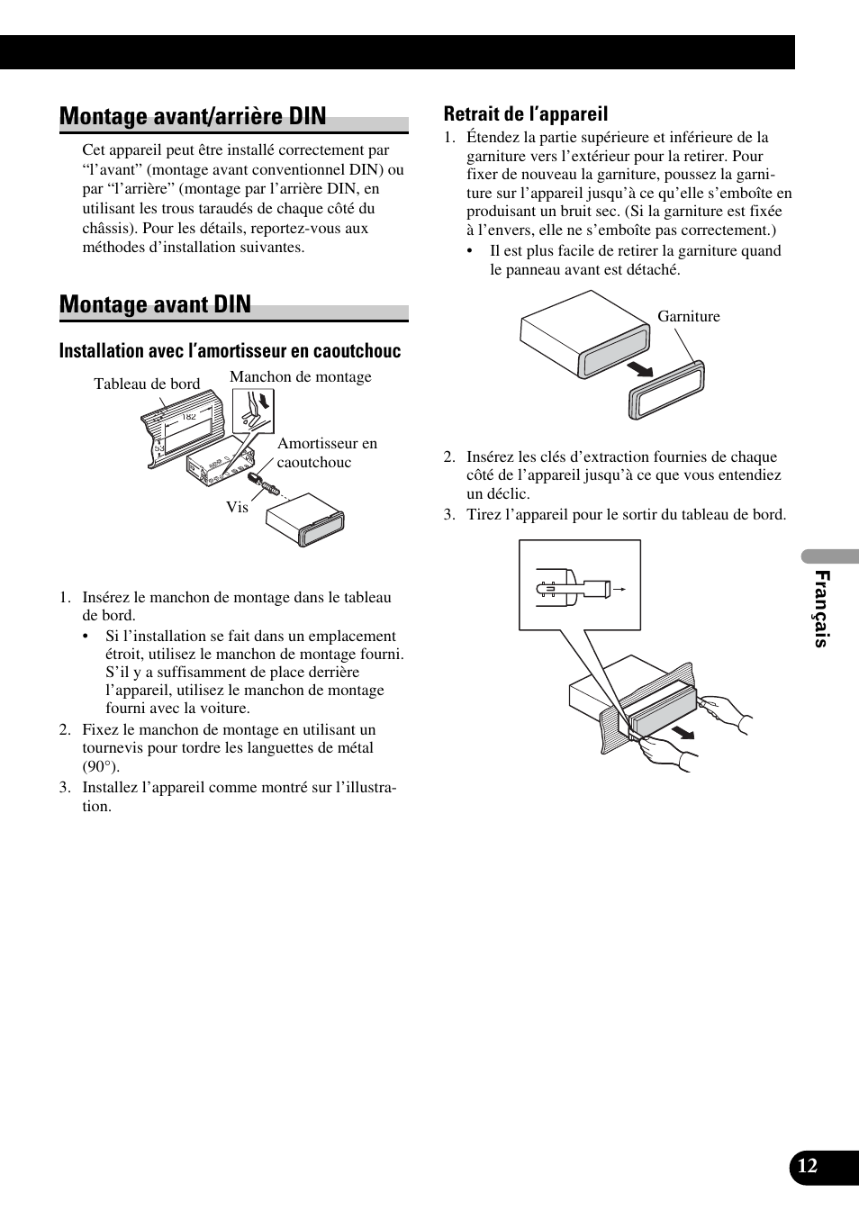 Montage avant/arrière din montage avant din, Montage avant/arrière din, Montage avant din | Installation avec l’amortisseur en caoutchouc, Retrait de l’appareil | Pioneer DVH-P5900MP User Manual | Page 55 / 85