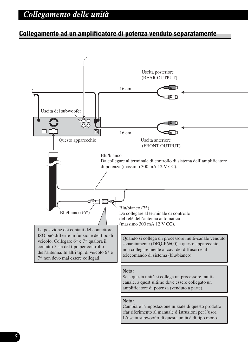 Collegamento ad un amplificatore di, Potenza venduto separatamente, Collegamento delle unità | Pioneer DVH-P5900MP User Manual | Page 62 / 85