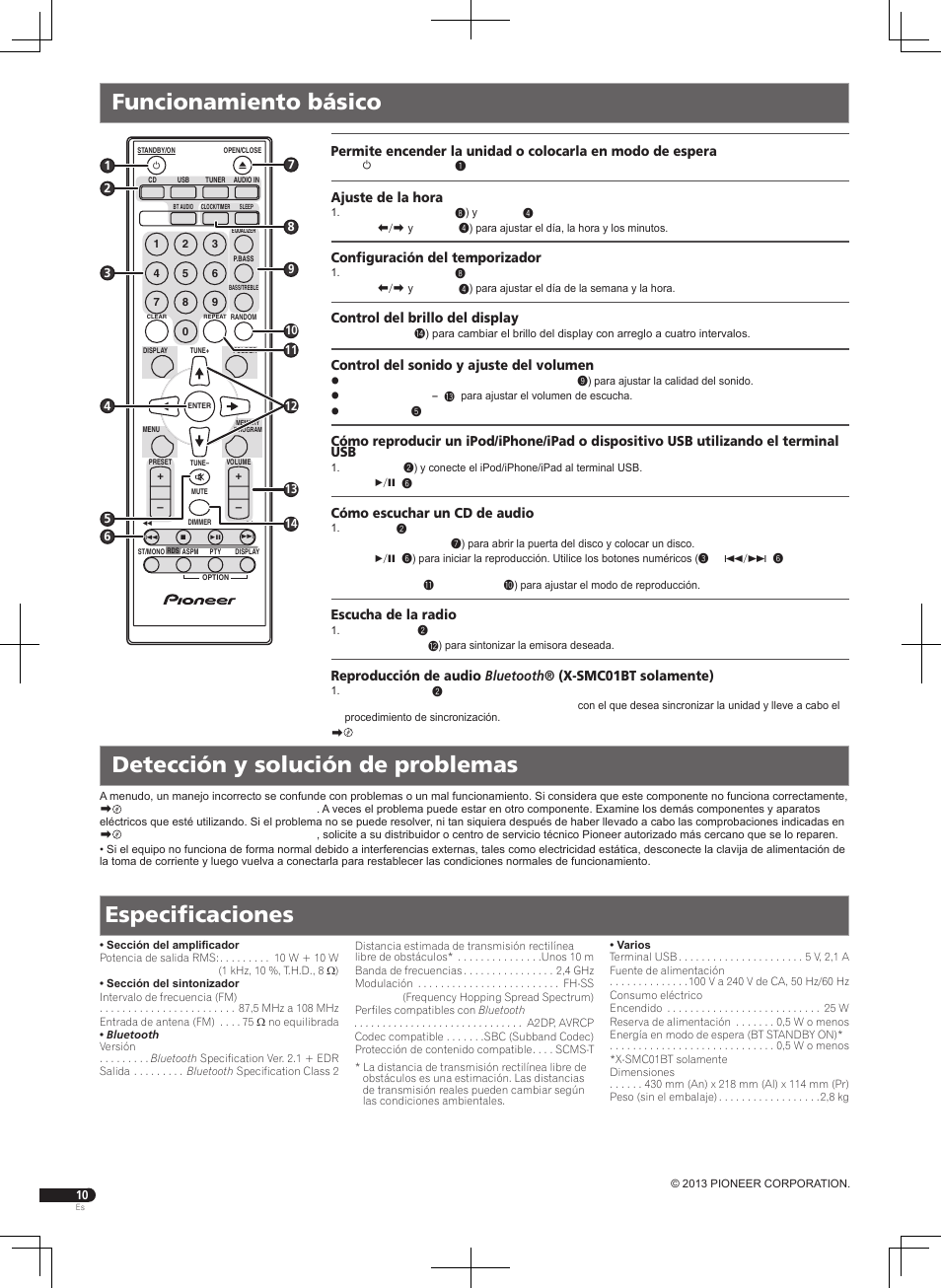 Especificaciones, Ajuste de la hora, Configuración del temporizador | Control del brillo del display, Control del sonido y ajuste del volumen, Cómo escuchar un cd de audio, Escucha de la radio | Pioneer X-SMC01BT-W User Manual | Page 10 / 24