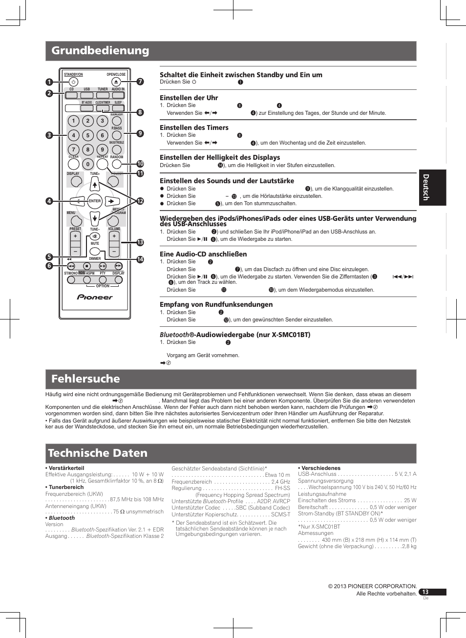 Grundbedienung fehlersuche, Technische daten | Pioneer X-SMC01BT-W User Manual | Page 13 / 24