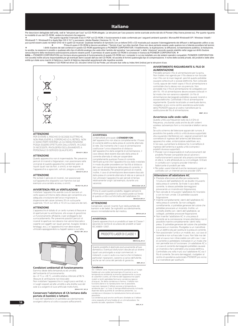 Slim micro system, Italiano, Prodotto laser di classe 1 | Pioneer X-SMC01BT-W User Manual | Page 14 / 24