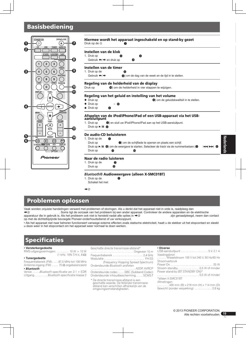 Basisbediening problemen oplossen, Specificaties | Pioneer X-SMC01BT-W User Manual | Page 19 / 24