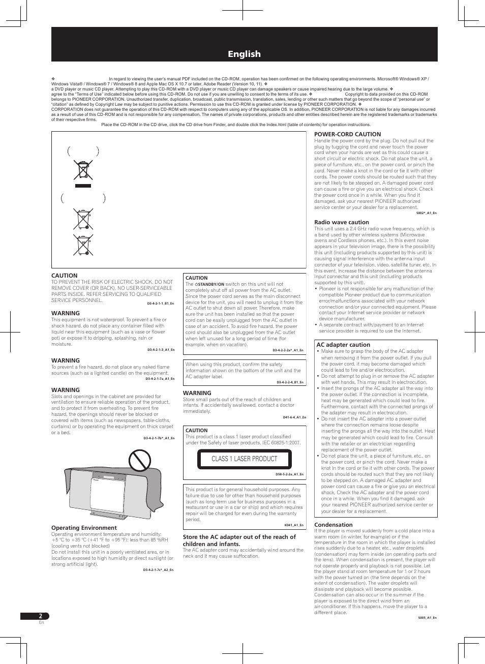 Slim micro system, English, Class 1 laser product | Pioneer X-SMC01BT-W User Manual | Page 2 / 24