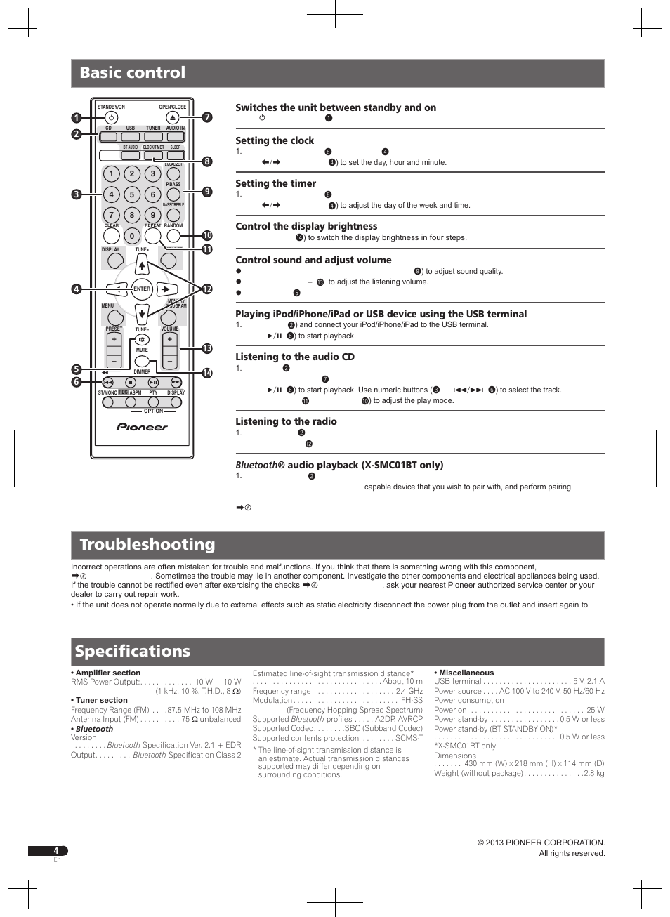 Basic control troubleshooting, Specifications, Switches the unit between standby and on | Setting the clock, Setting the timer, Control the display brightness, Control sound and adjust volume, Listening to the audio cd, Listening to the radio, Bluetooth® audio playback (x-smc01bt only) | Pioneer X-SMC01BT-W User Manual | Page 4 / 24