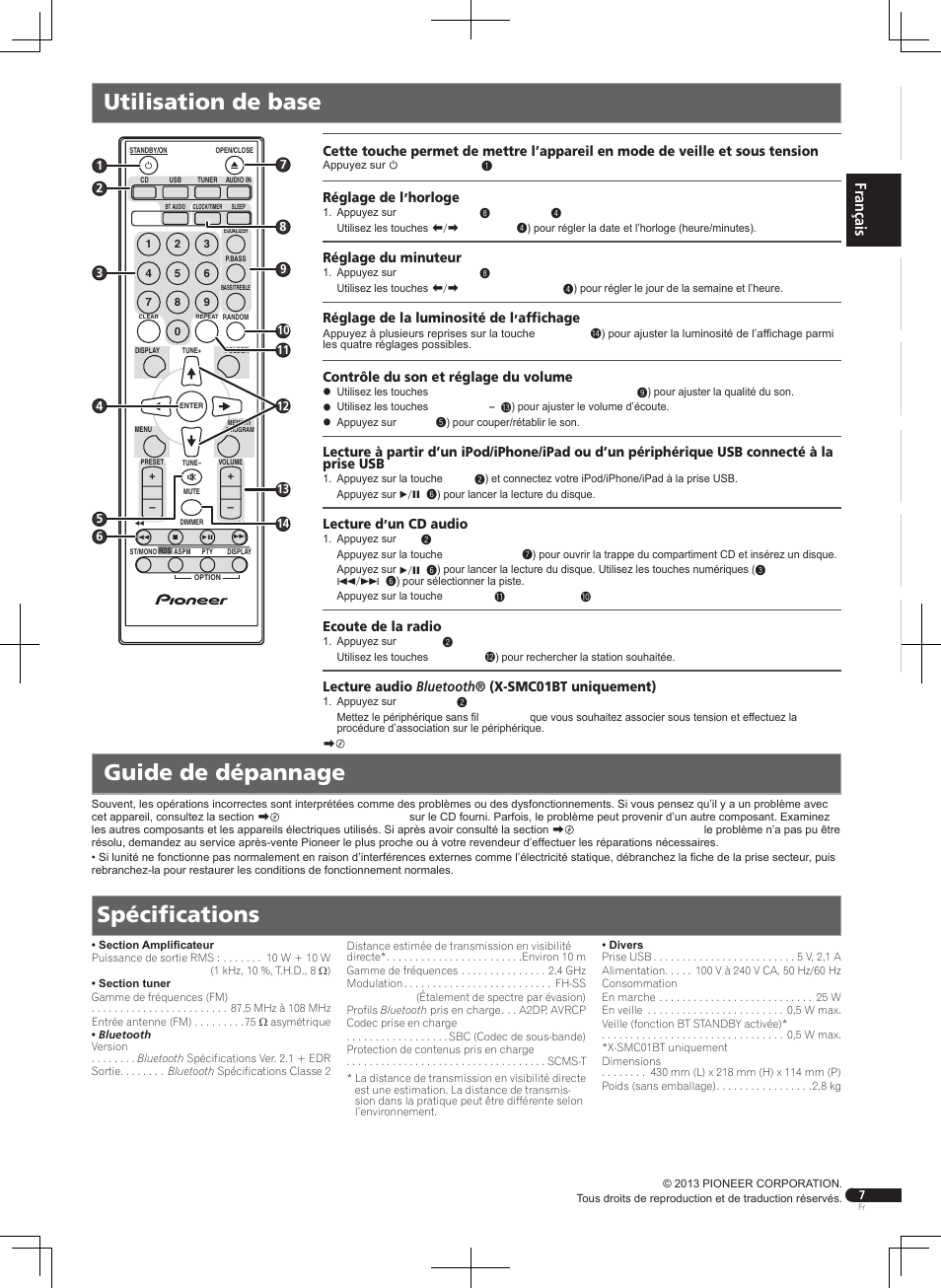 Utilisation de base guide de dépannage, Spécifications | Pioneer X-SMC01BT-W User Manual | Page 7 / 24