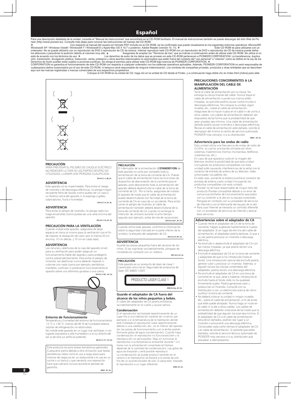 Sistema micro slim, Español, Producto laser clase 1 | Pioneer X-SMC01BT-W User Manual | Page 8 / 24