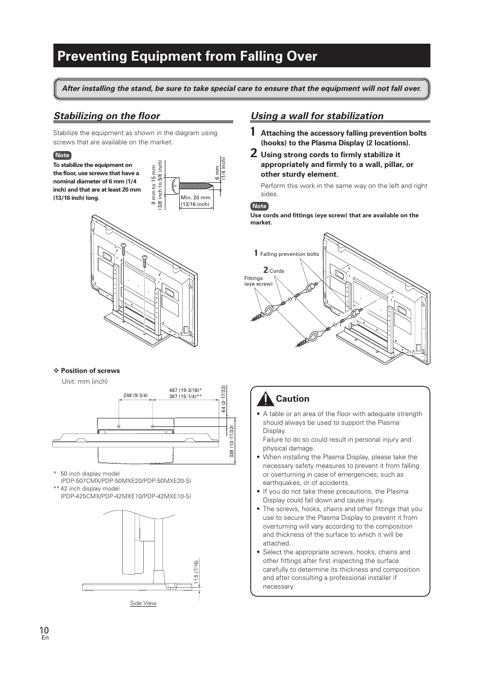 Preventing equipment from falling over, Using a wall for stabilization, Stabilizing on the floor | Caution | Pioneer PDK-TS07 User Manual | Page 10 / 42