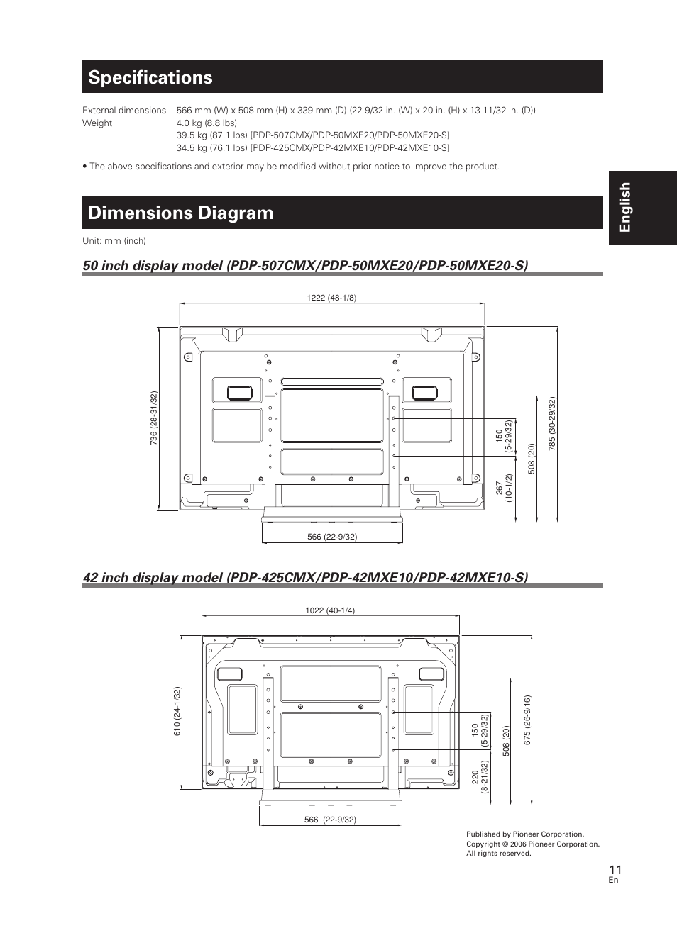 Specifications, Dimensions diagram, English | Pioneer PDK-TS07 User Manual | Page 11 / 42