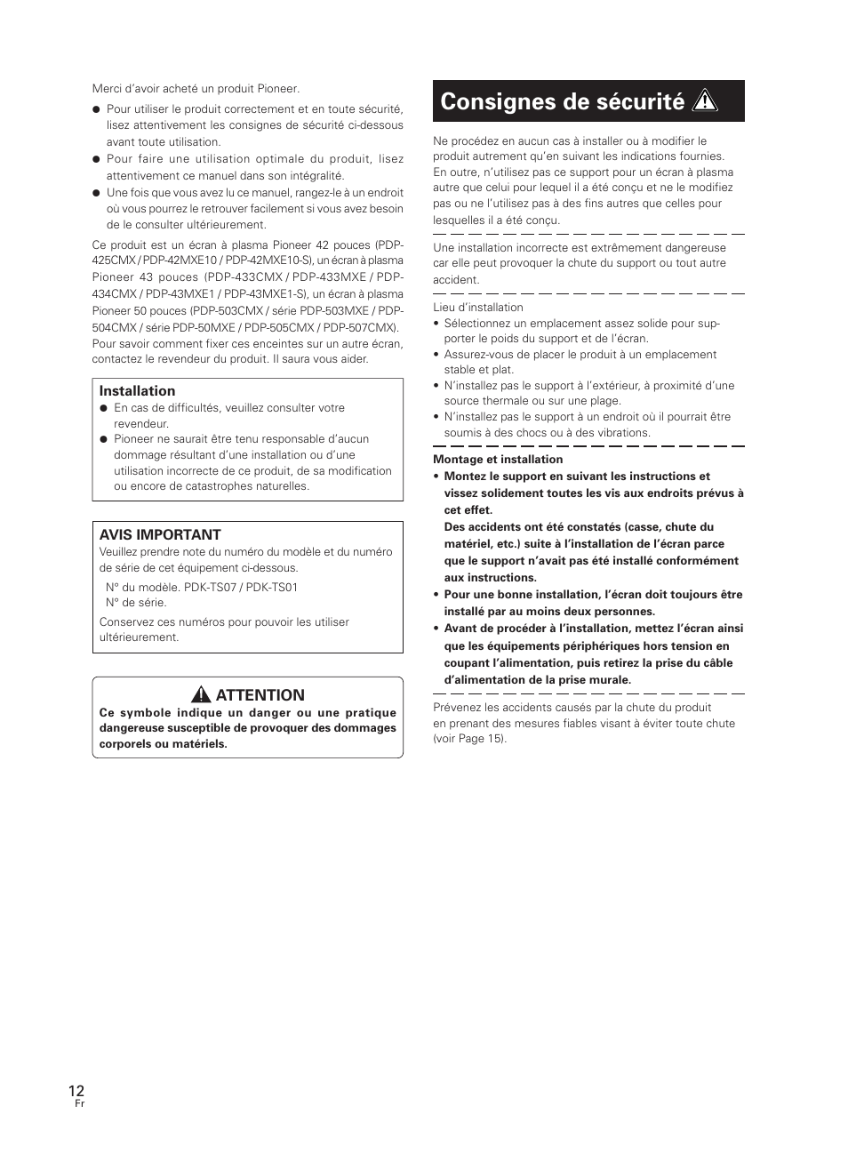 Mode d’emploi, Consignes de sécurité, Attention | Pioneer PDK-TS07 User Manual | Page 12 / 42