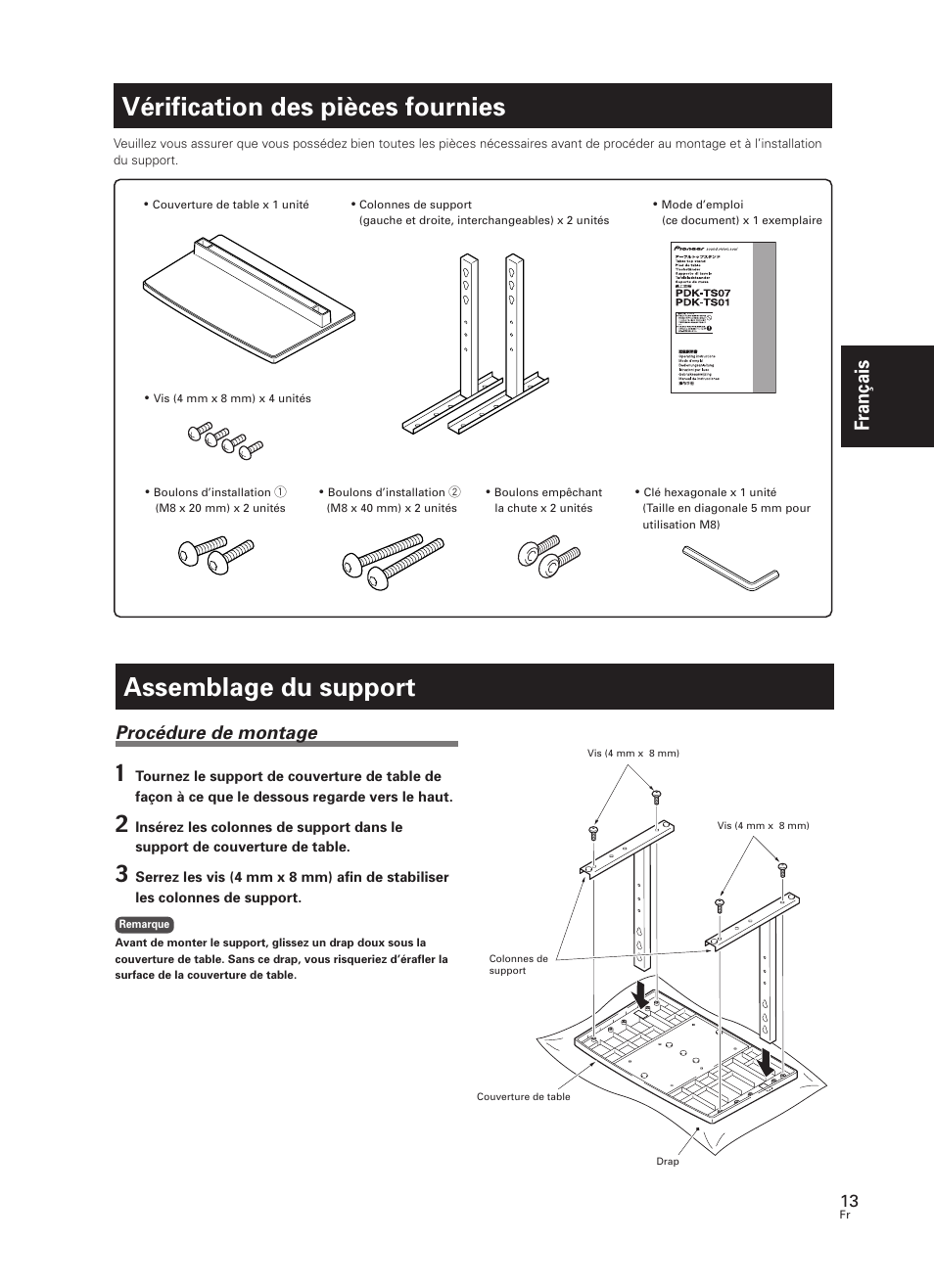 Assemblage du support, Vérification des pièces fournies, Fran çais | Procédure de montage | Pioneer PDK-TS07 User Manual | Page 13 / 42