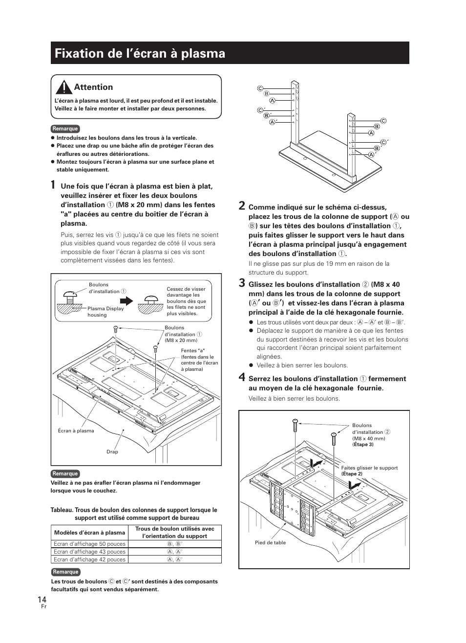 Fixation de l’écran à plasma, Attention | Pioneer PDK-TS07 User Manual | Page 14 / 42