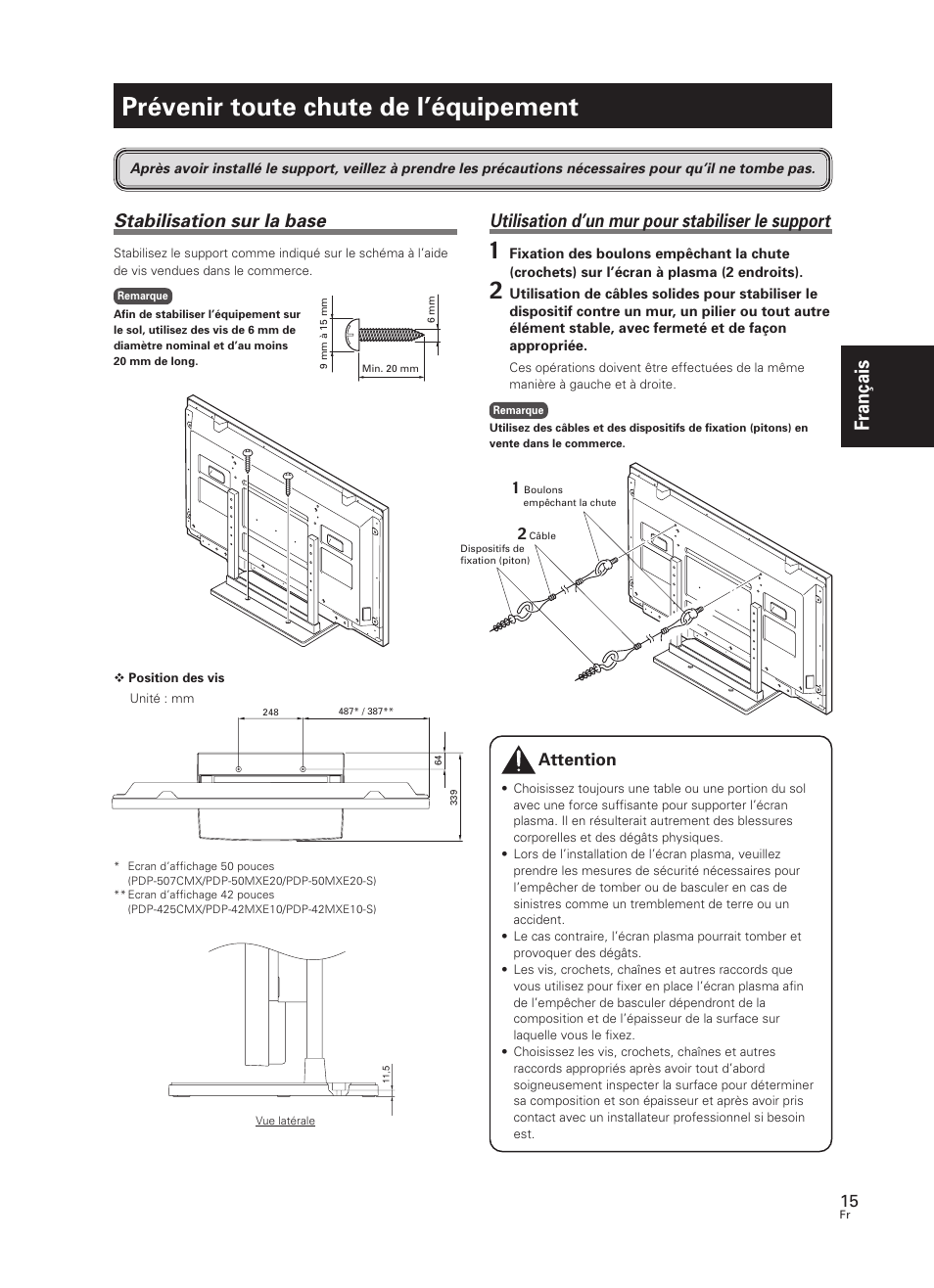Prévenir toute chute de l’équipement, Fran çais, Utilisation d’un mur pour stabiliser le support | Stabilisation sur la base, Attention | Pioneer PDK-TS07 User Manual | Page 15 / 42