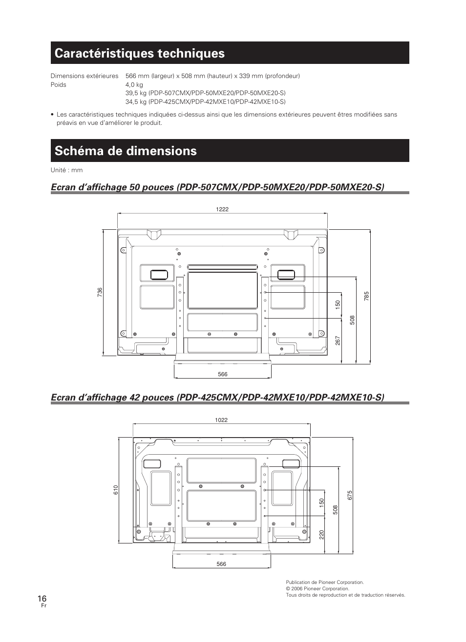 Caractéristiques techniques, Schéma de dimensions | Pioneer PDK-TS07 User Manual | Page 16 / 42