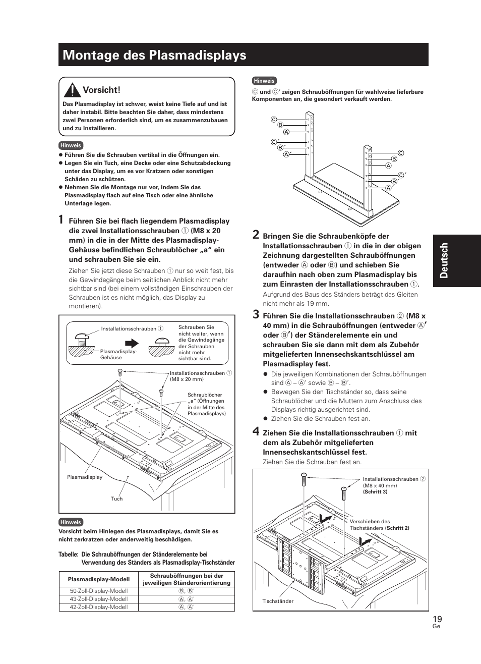 Montage des plasmadisplays, Deutsch, Vorsicht | Pioneer PDK-TS07 User Manual | Page 19 / 42