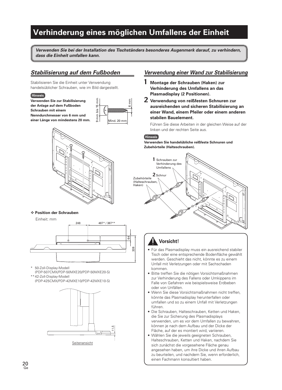 Verhinderung eines möglichen umfallens der einheit, Verwendung einer wand zur stabilisierung, Stabilisierung auf dem fußboden | Vorsicht | Pioneer PDK-TS07 User Manual | Page 20 / 42