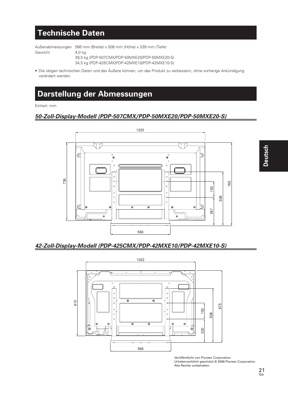 Technische daten, Darstellung der abmessungen, Deutsch | Pioneer PDK-TS07 User Manual | Page 21 / 42