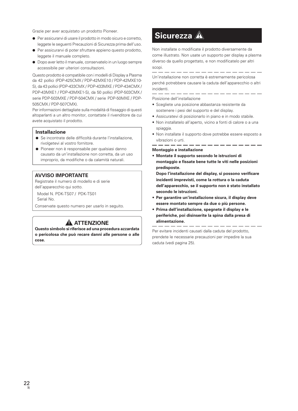 Istruzioni per l’uso, Sicurezza | Pioneer PDK-TS07 User Manual | Page 22 / 42