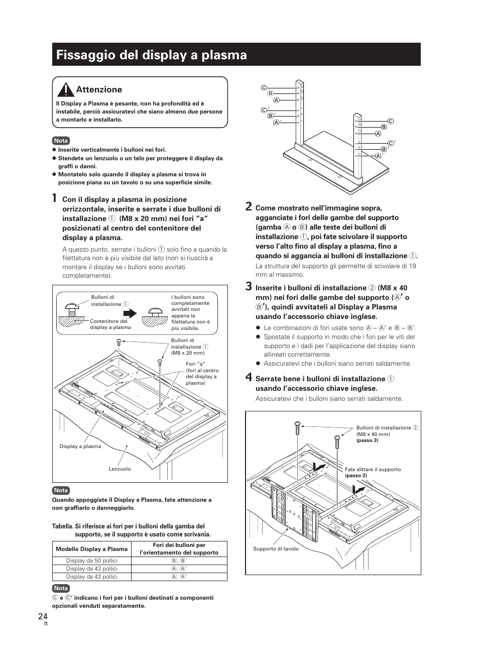 Fissaggio del display a plasma, Attenzione | Pioneer PDK-TS07 User Manual | Page 24 / 42