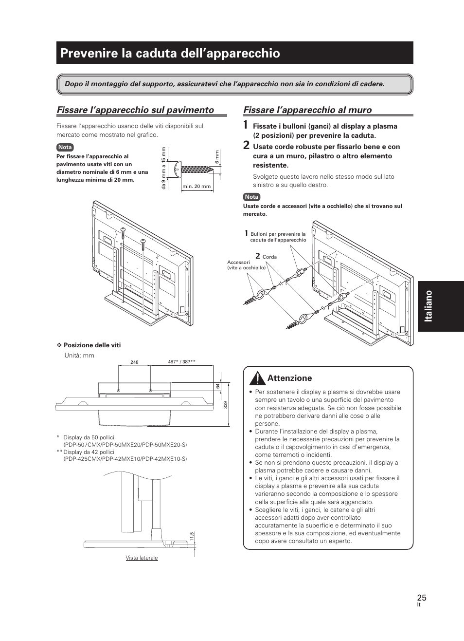 Prevenire la caduta dell’apparecchio, Italiano, Fissare l’apparecchio al muro | Fissare l’apparecchio sul pavimento, Attenzione | Pioneer PDK-TS07 User Manual | Page 25 / 42