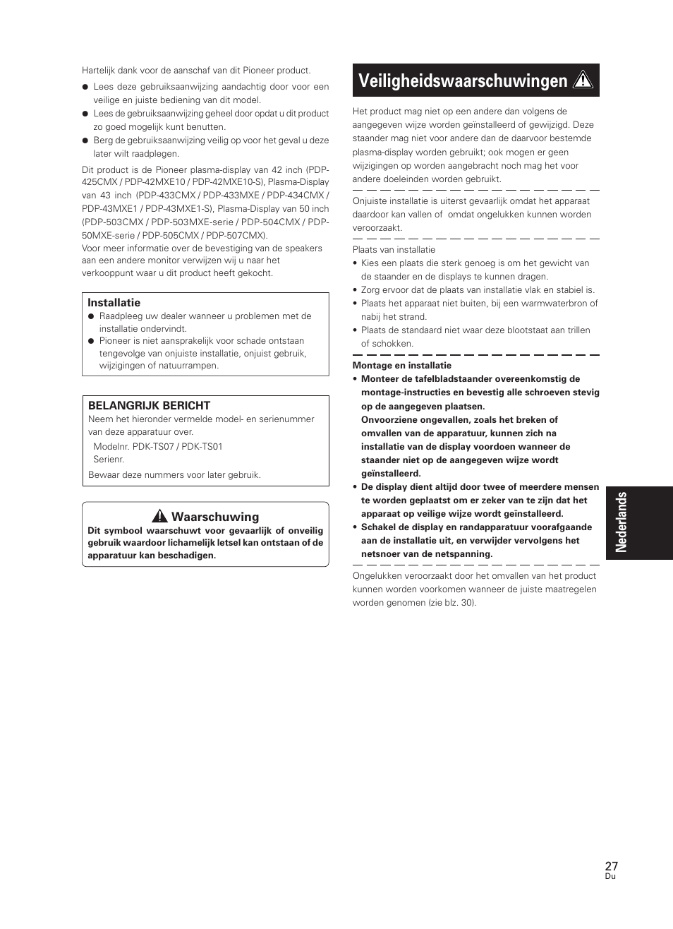 Gebruiksaanwijzing, Veiligheidswaarschuwingen, Nederlands | Pioneer PDK-TS07 User Manual | Page 27 / 42