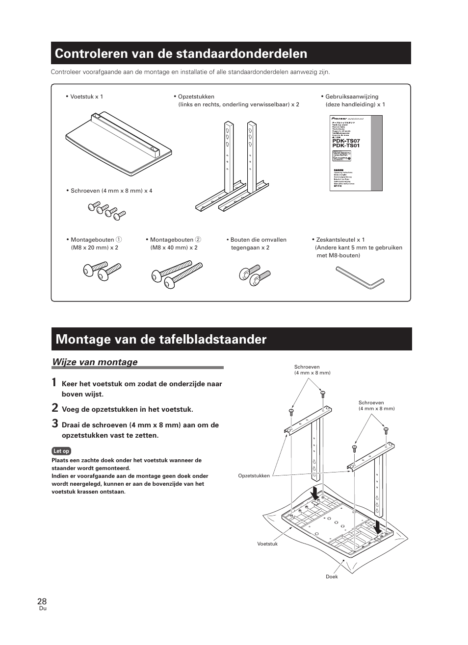 Montage van de tafelbladstaander, Controleren van de standaardonderdelen, Wijze van montage | Pioneer PDK-TS07 User Manual | Page 28 / 42