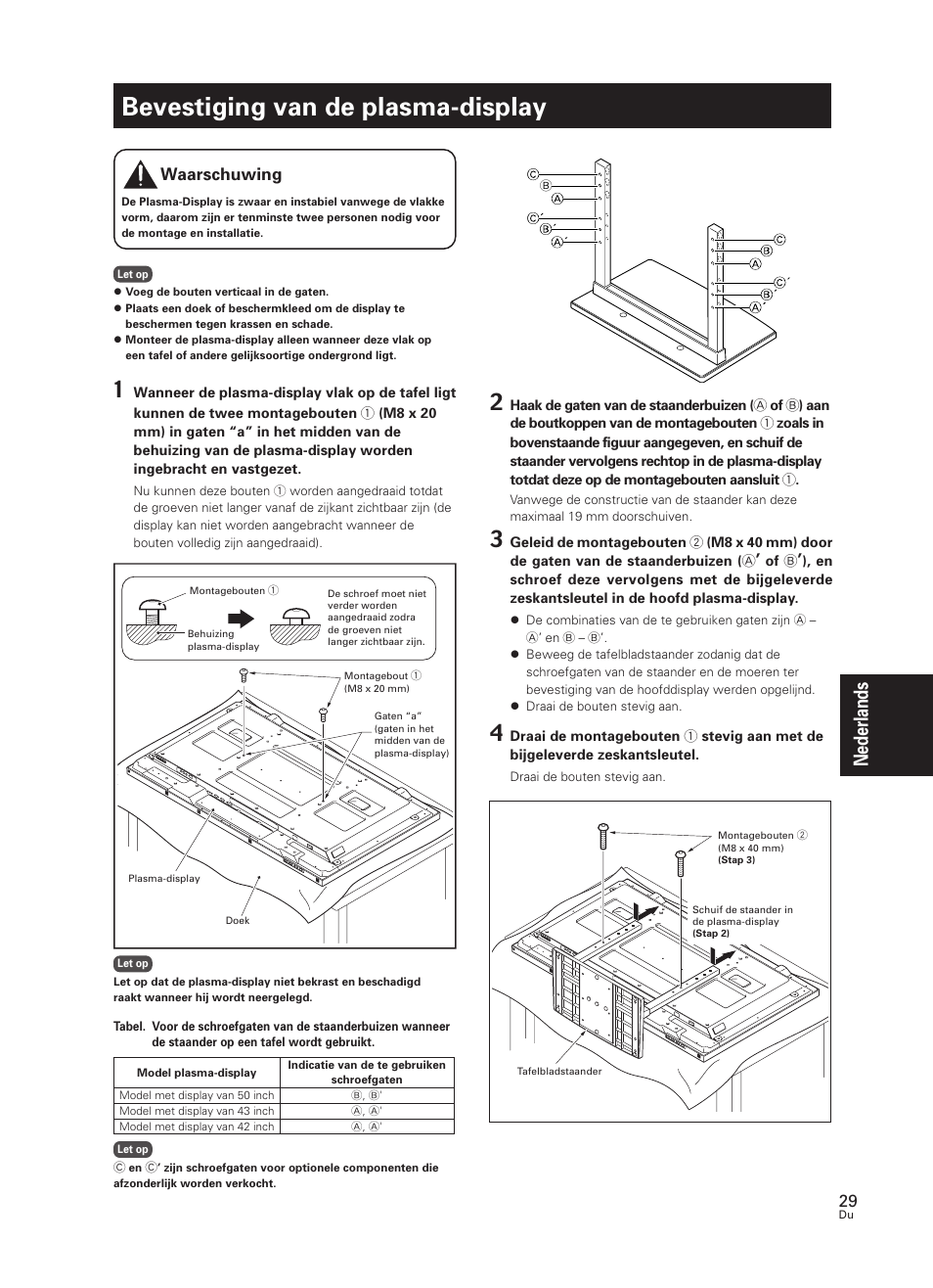Bevestiging van de plasma-display, Nederlands, Waarschuwing | Pioneer PDK-TS07 User Manual | Page 29 / 42