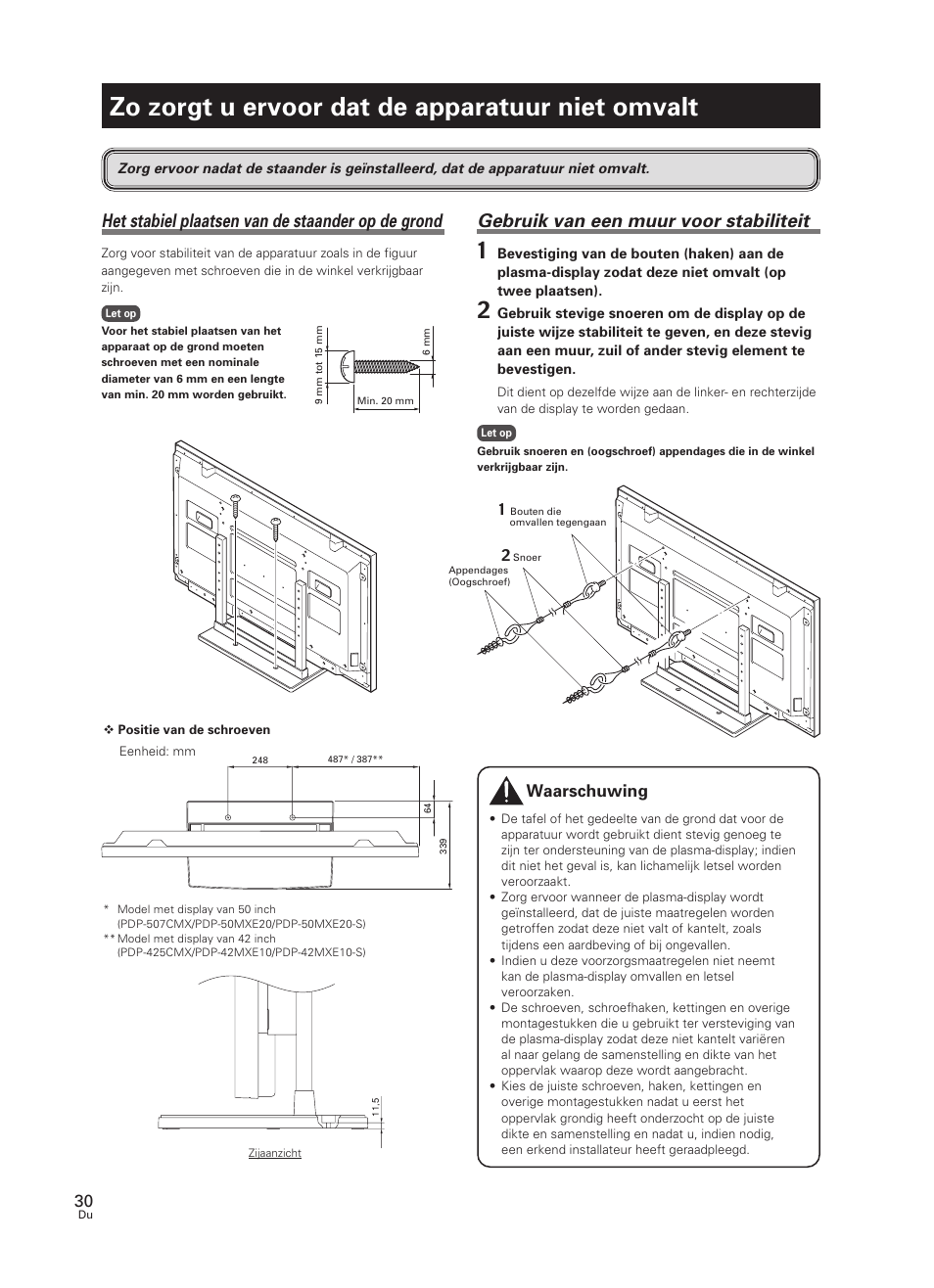 Zo zorgt u ervoor dat de apparatuur niet omvalt, Gebruik van een muur voor stabiliteit, Het stabiel plaatsen van de staander op de grond | Waarschuwing | Pioneer PDK-TS07 User Manual | Page 30 / 42