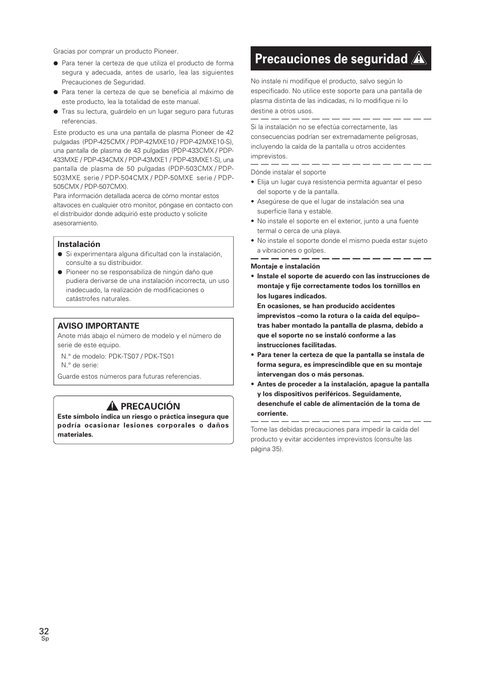 Manual de instrucciones, Precauciones de seguridad | Pioneer PDK-TS07 User Manual | Page 32 / 42