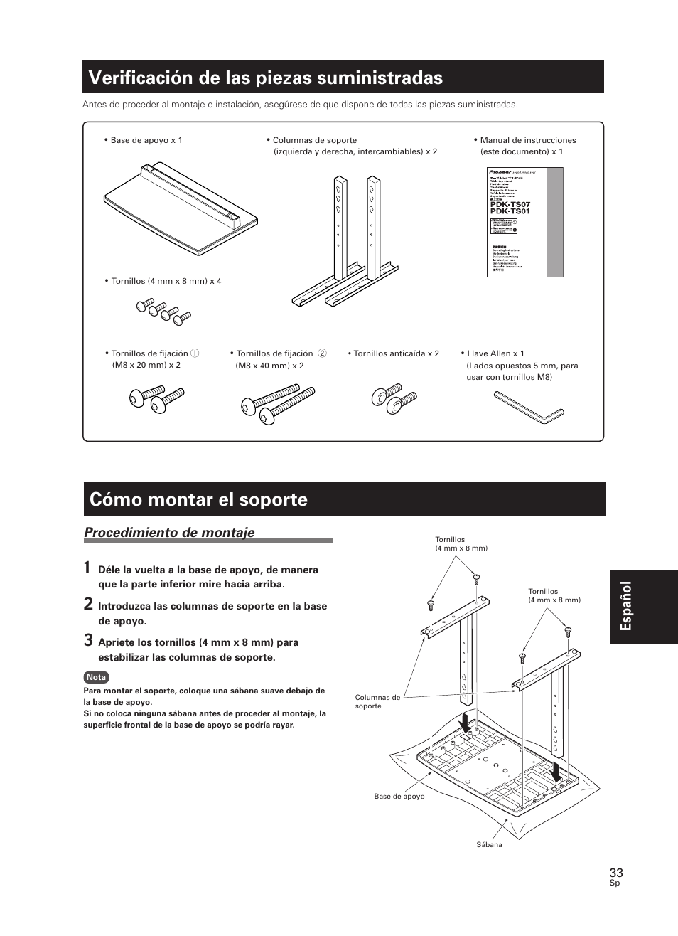 Cómo montar el soporte, Verificación de las piezas suministradas, Espa ñ ol | Procedimiento de montaje | Pioneer PDK-TS07 User Manual | Page 33 / 42