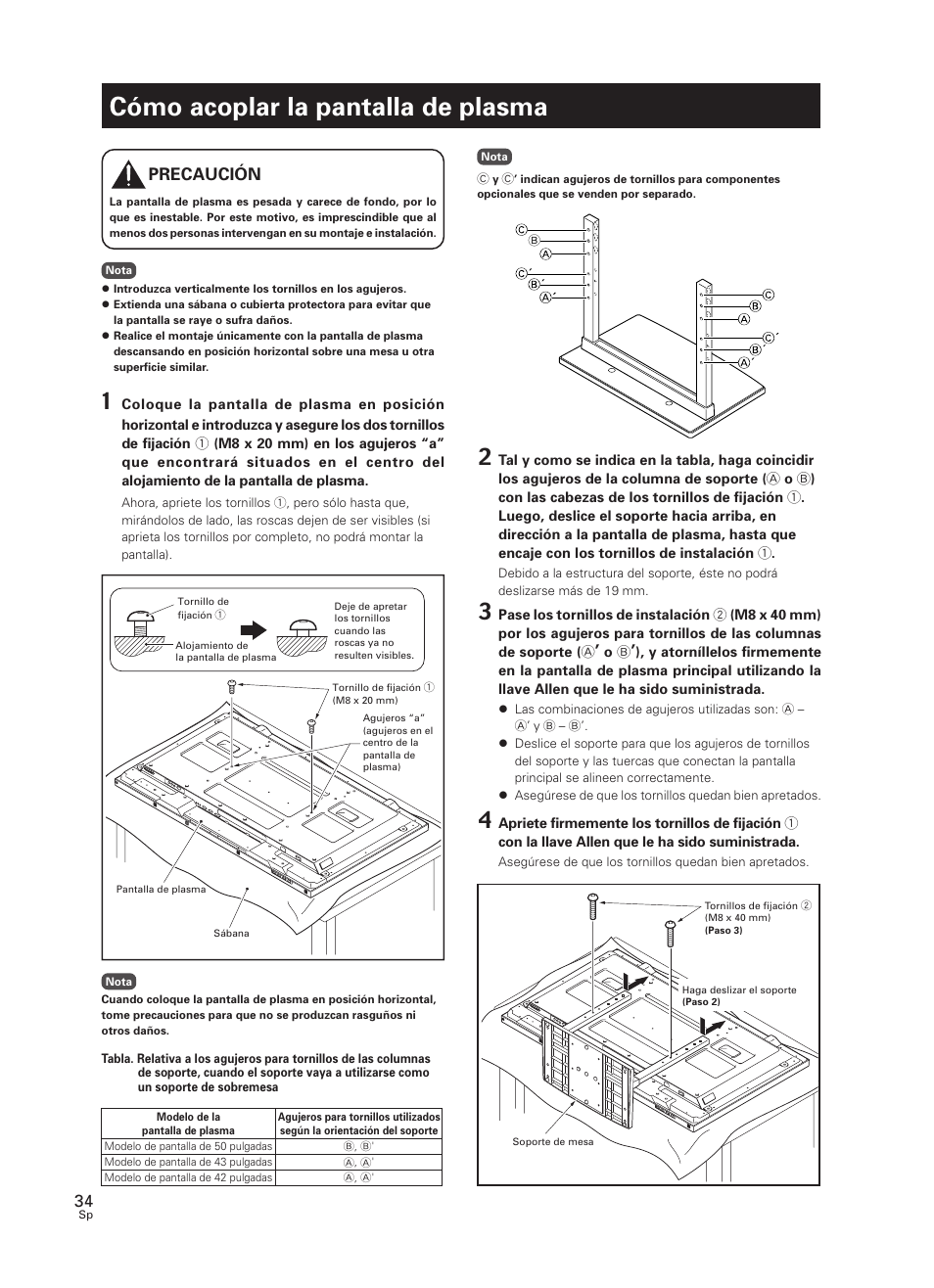 Cómo acoplar la pantalla de plasma, Precaución | Pioneer PDK-TS07 User Manual | Page 34 / 42