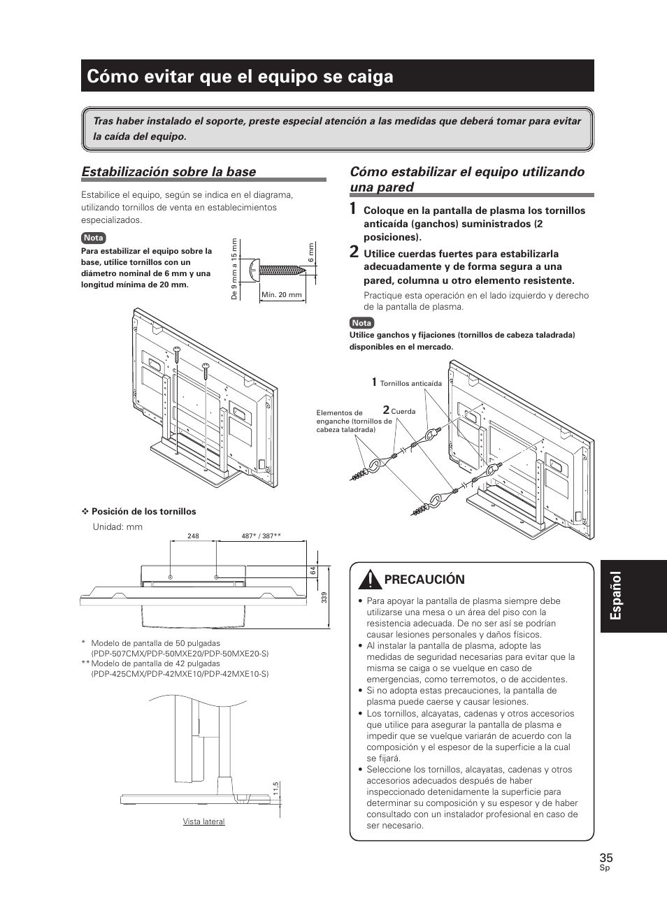 Cómo evitar que el equipo se caiga, Espa ñ ol, Cómo estabilizar el equipo utilizando una pared | Estabilización sobre la base, Precaución | Pioneer PDK-TS07 User Manual | Page 35 / 42