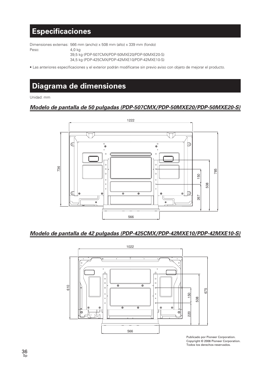 Especificaciones, Diagrama de dimensiones | Pioneer PDK-TS07 User Manual | Page 36 / 42
