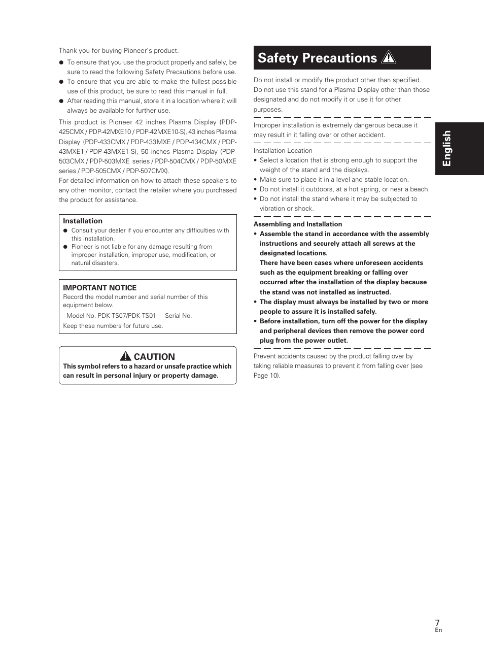 Operating instructions, Safety precautions, English | Caution | Pioneer PDK-TS07 User Manual | Page 7 / 42