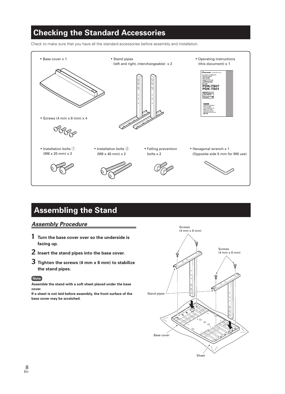 Assembling the stand, Checking the standard accessories, Assembly procedure | Pioneer PDK-TS07 User Manual | Page 8 / 42