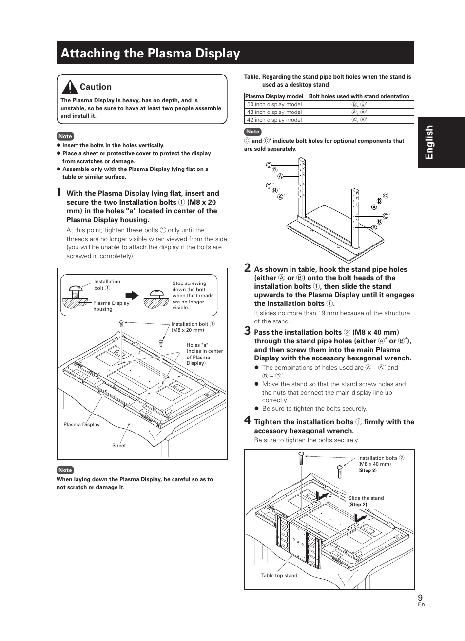 Attaching the plasma display, English, Caution | Pioneer PDK-TS07 User Manual | Page 9 / 42