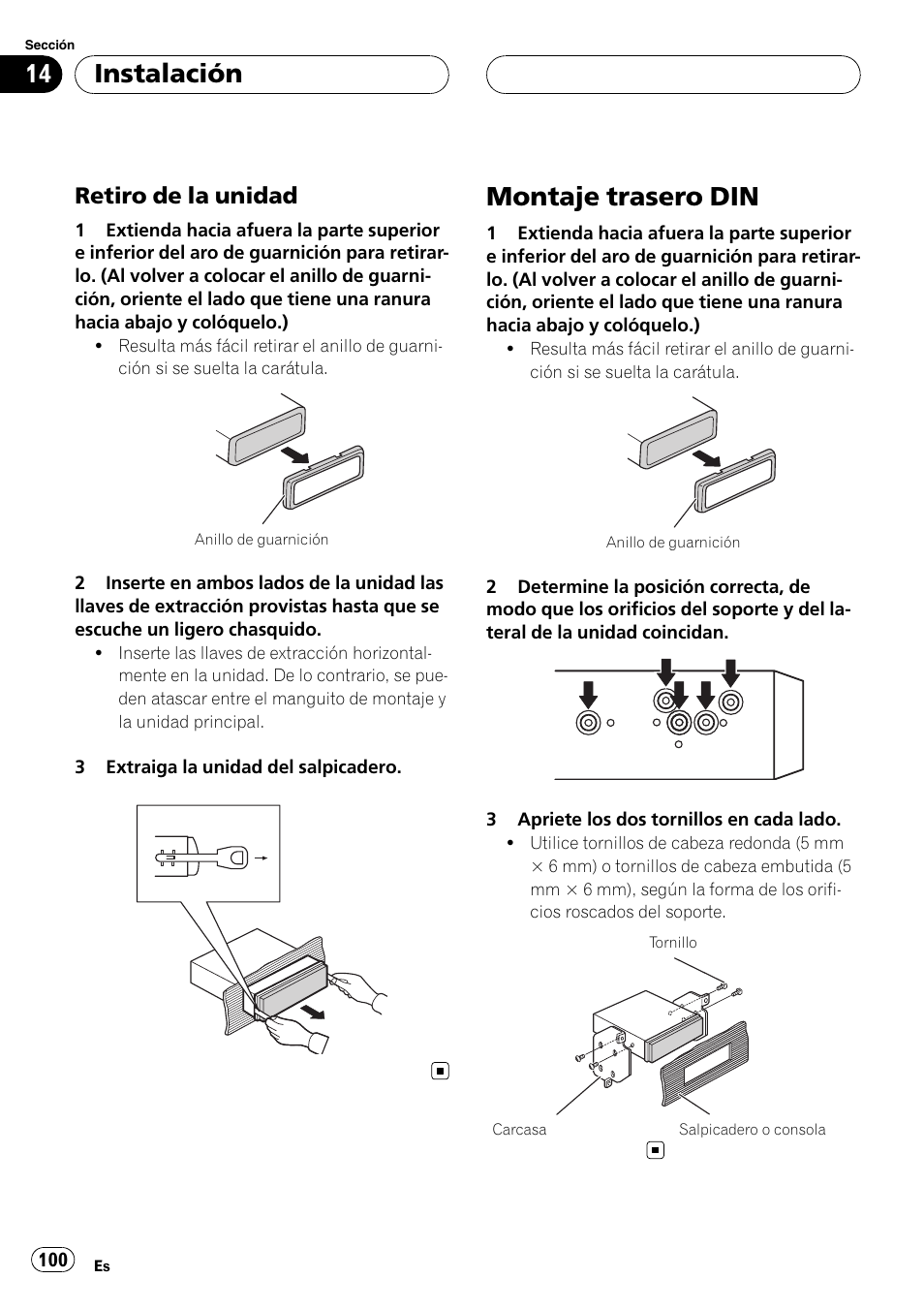 Retiro de la unidad 100, Montaje trasero din, Instalación | Retiro de la unidad | Pioneer DVH-3900MP User Manual | Page 100 / 112