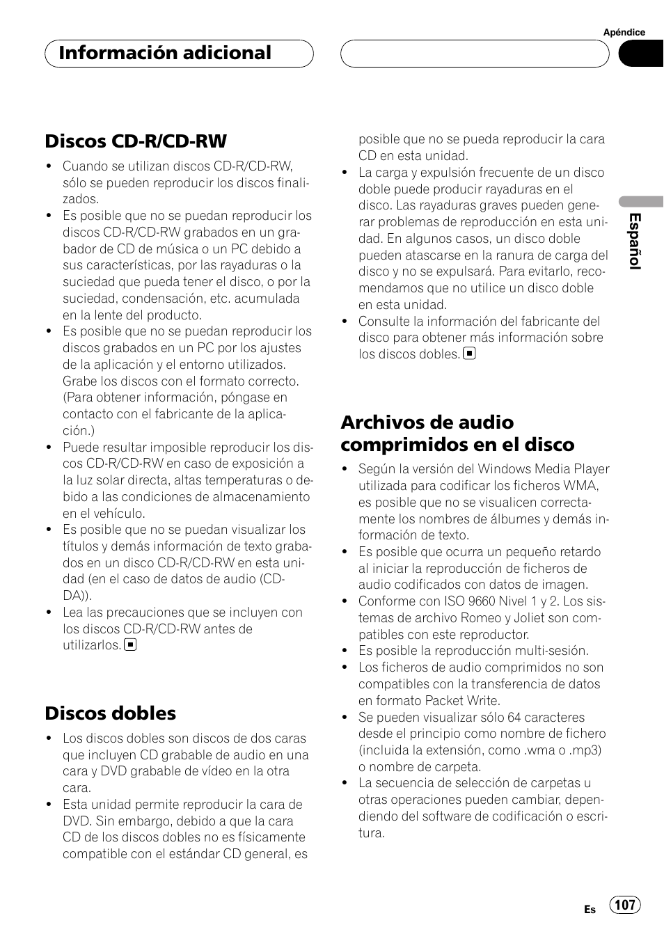 Discos cd-r/cd-rw, Discos dobles, Archivos de audio comprimidos en el | Disco, Archivos de audio comprimidos en el disco, Información adicional | Pioneer DVH-3900MP User Manual | Page 107 / 112