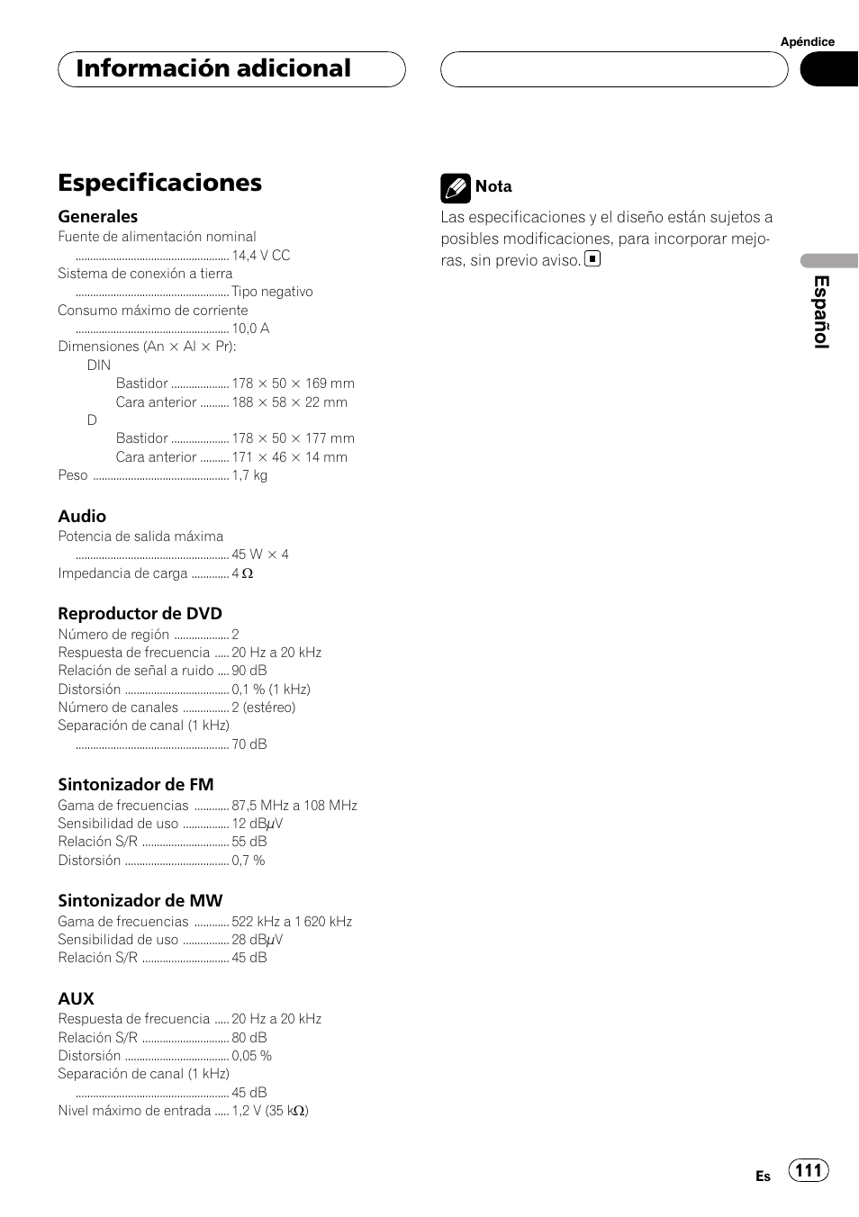 Especificaciones, Información adicional, Español | Pioneer DVH-3900MP User Manual | Page 111 / 112