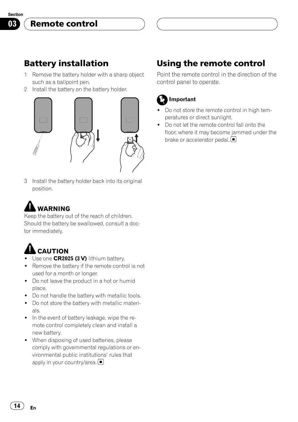 Battery installation, Using the remote control, Remote control | Pioneer DVH-3900MP User Manual | Page 14 / 112