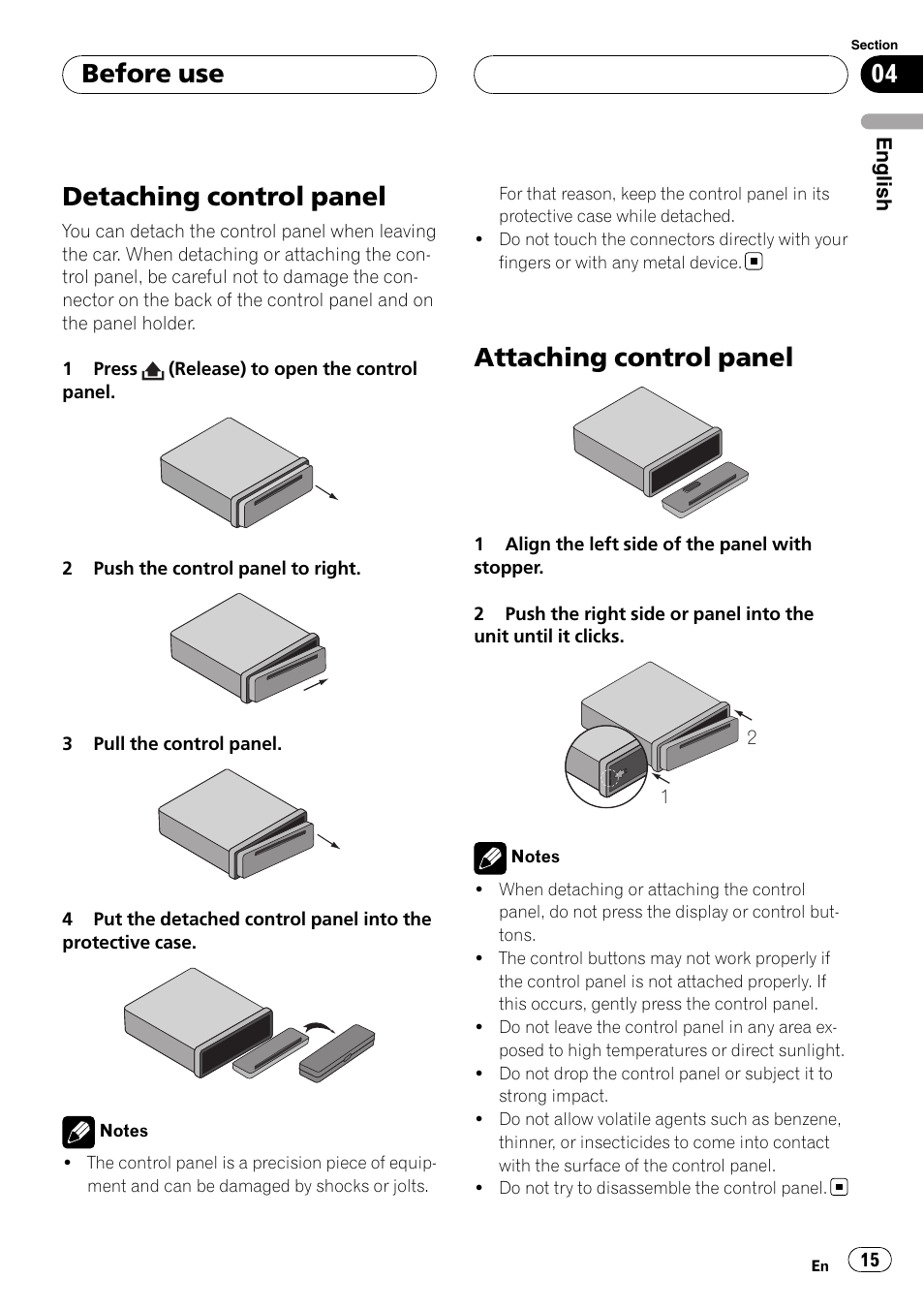 Before use detaching control panel, Attaching control panel, Detaching control panel | Before use | Pioneer DVH-3900MP User Manual | Page 15 / 112