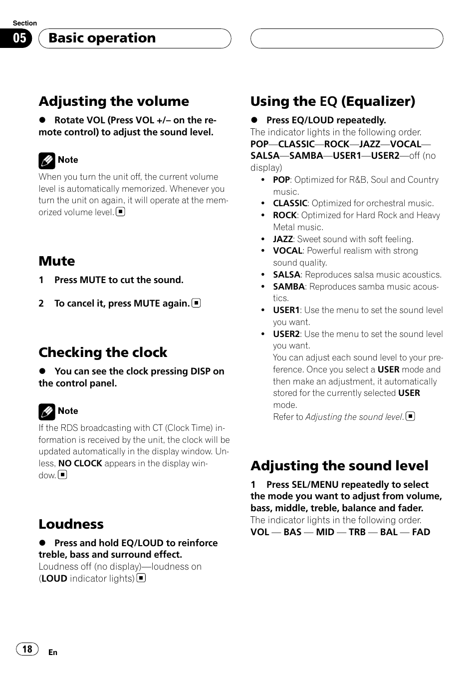 Adjusting the volume, Mute, Checking the clock | Loudness, Using the eq (equalizer), Adjusting the sound level, Basic operation | Pioneer DVH-3900MP User Manual | Page 18 / 112