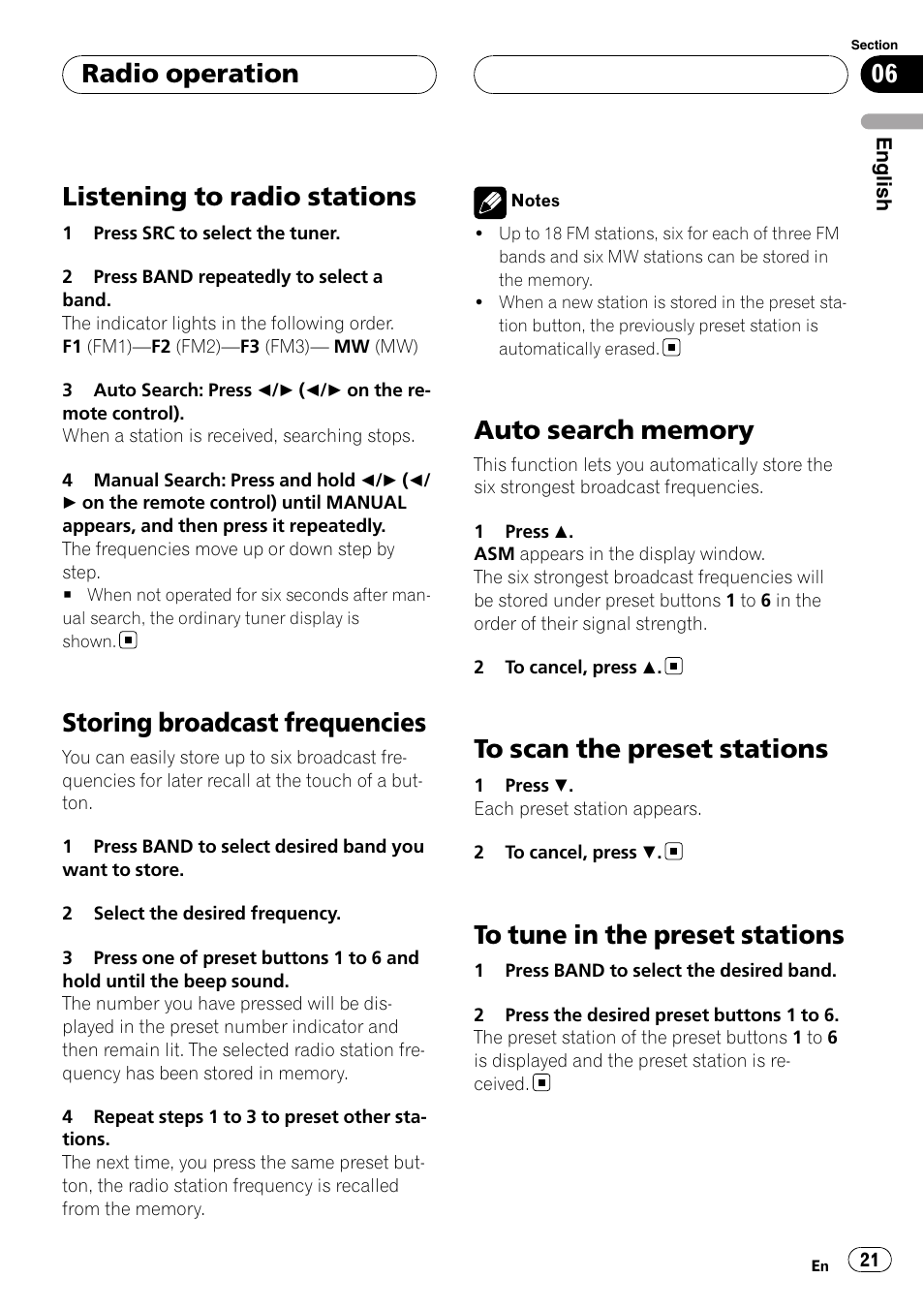 Radio operation listening to radio stations, Storing broadcast frequencies, Auto search memory | To scan the preset stations, To tune in the preset stations, Listening to radio stations, Radio operation | Pioneer DVH-3900MP User Manual | Page 21 / 112