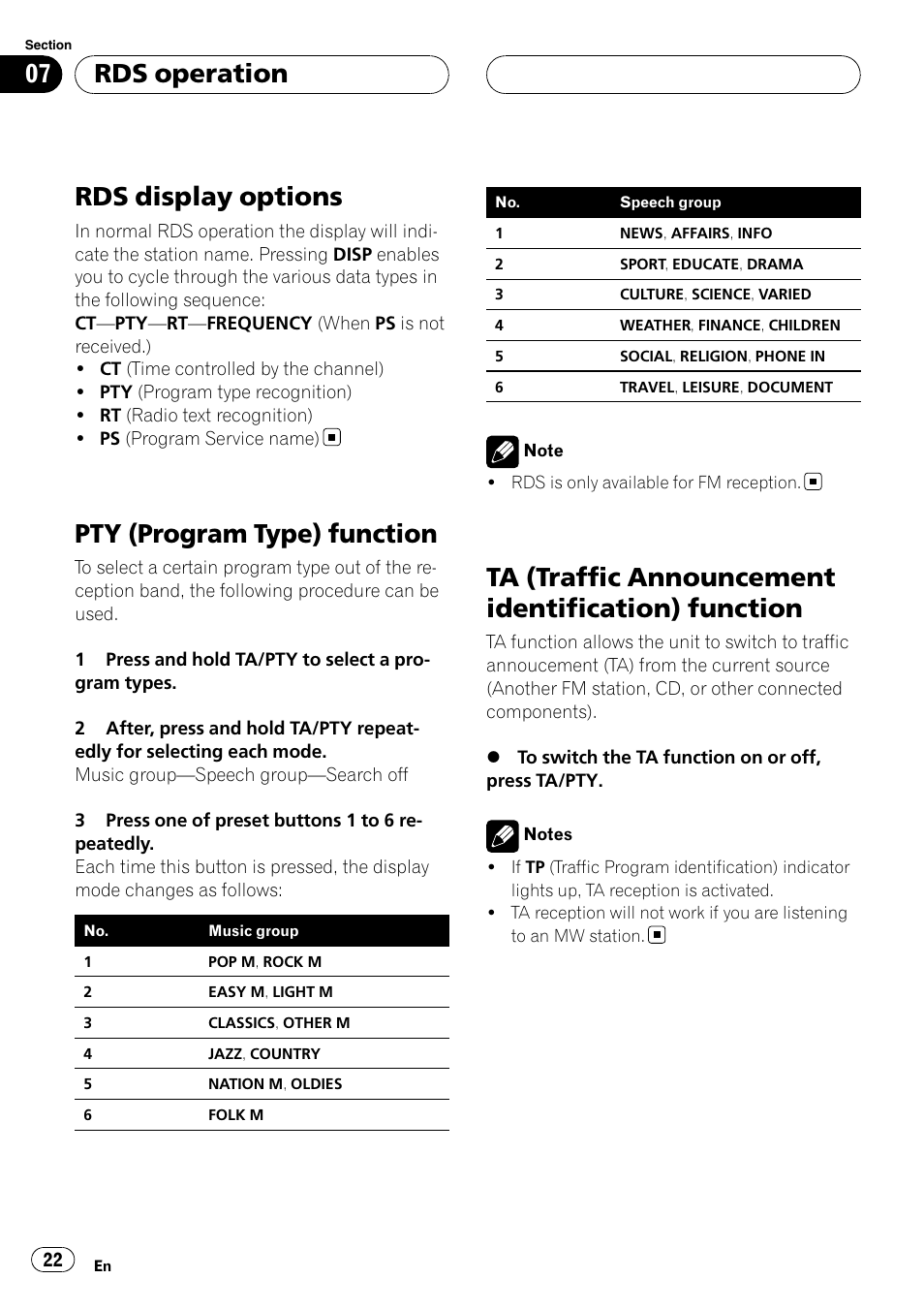 Rds operation rds display options, Pty (program type) function, Ta (traffic announcement identification) | Function, Rds display options, Ta (traffic announcement identification) function, Rds operation | Pioneer DVH-3900MP User Manual | Page 22 / 112