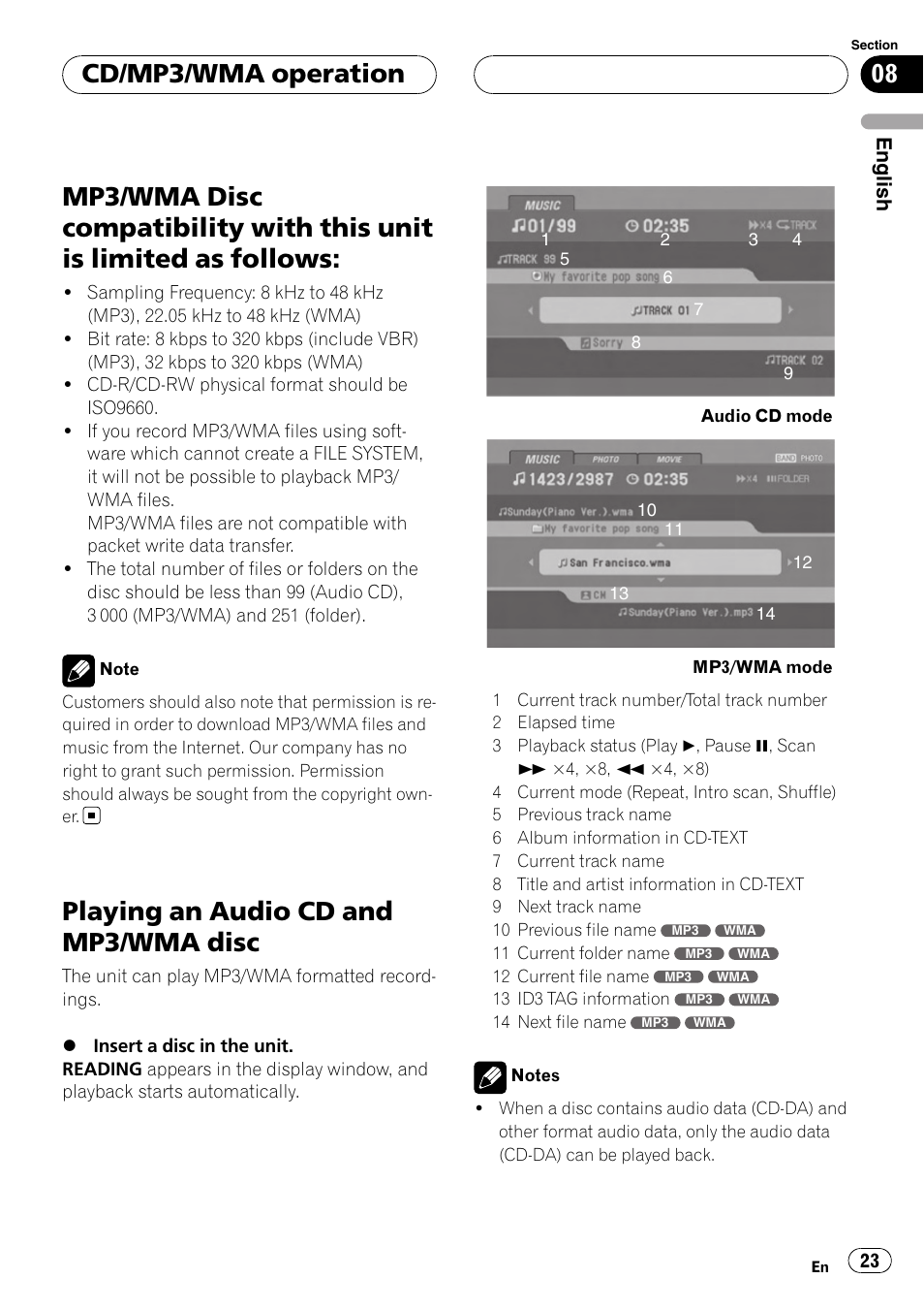 Limited as follows, Playing an audio cd and mp3/wma, Disc | Playing an audio cd and mp3/wma disc, Cd/mp3/wma operation | Pioneer DVH-3900MP User Manual | Page 23 / 112