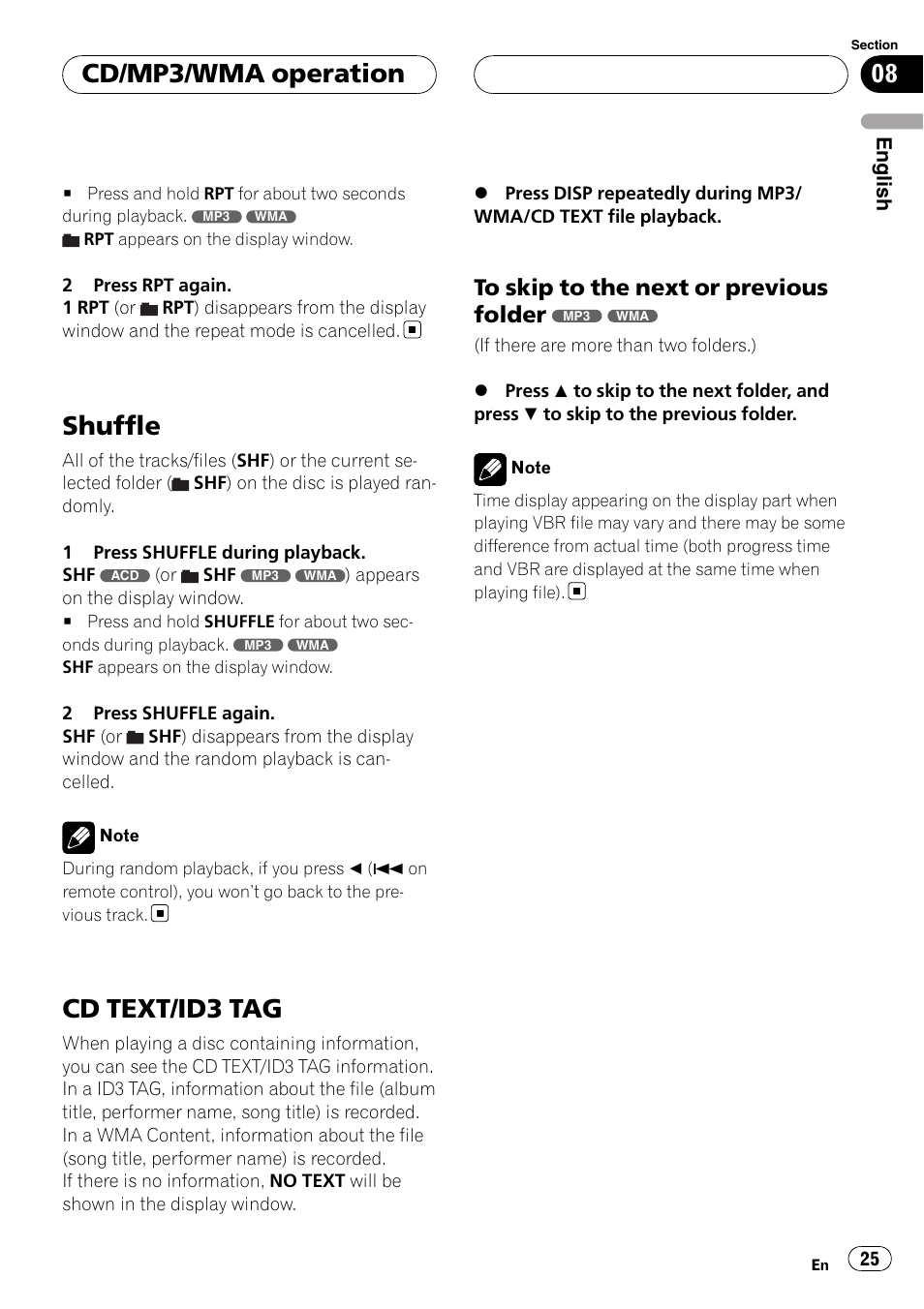 Shuffle, Cd text/id3 tag, To skip to the next or previous folder | Cd/mp3/wma operation | Pioneer DVH-3900MP User Manual | Page 25 / 112